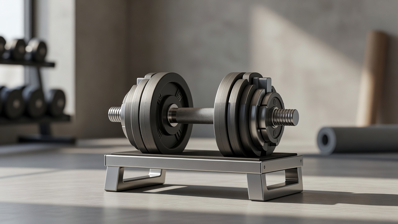 A compact adjustable dumbbell set on a small stand