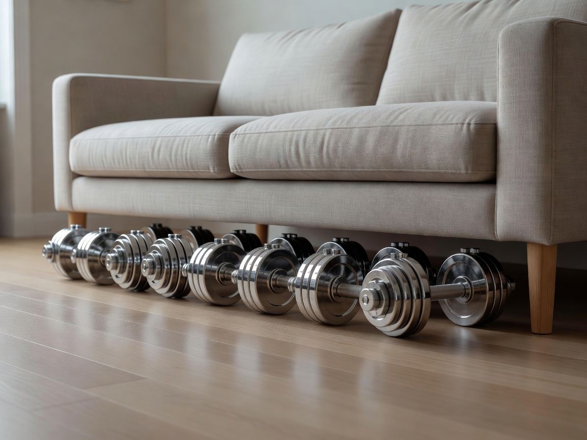 Adjustable dumbbells stored neatly under a sofa