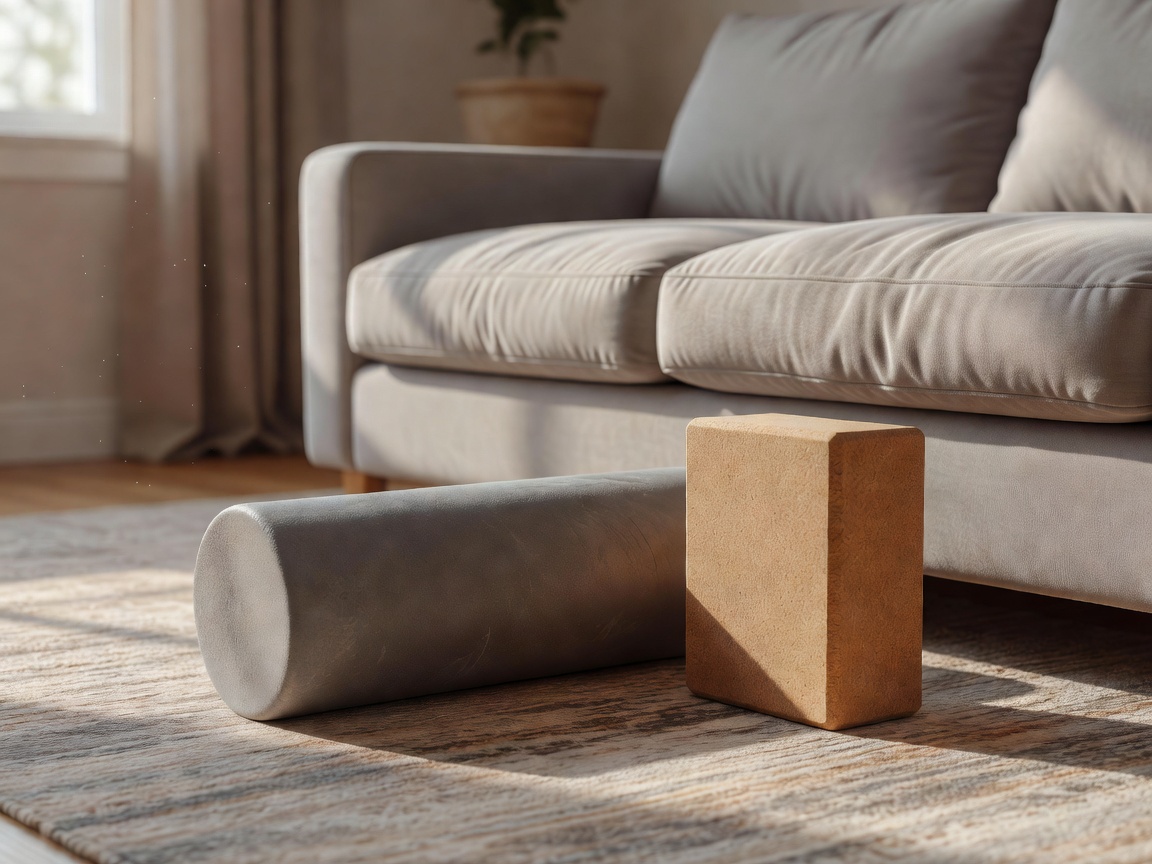 Foam roller and yoga block next to a couch