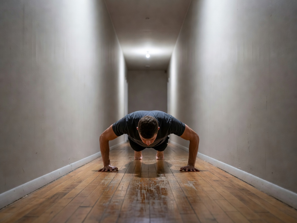 Person doing a pushup in a narrow hallway