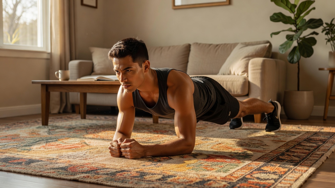 Person holding a plank position on a living room rug