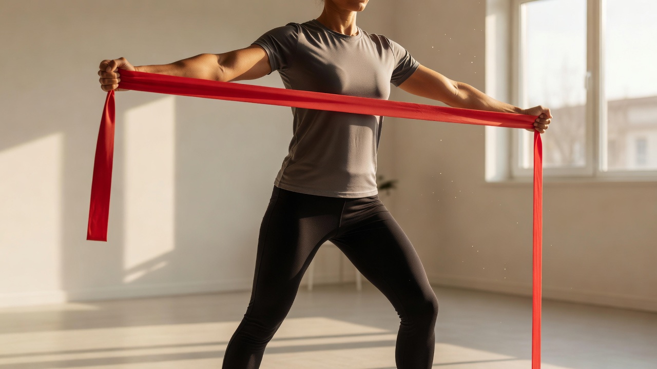Person stretching a red resistance band in a bright room
