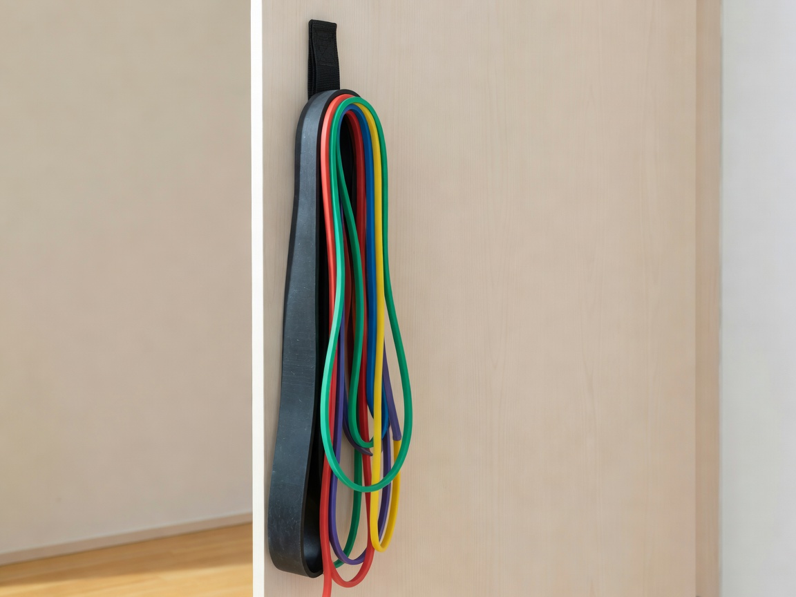 Various resistance bands hanging on a door anchor
